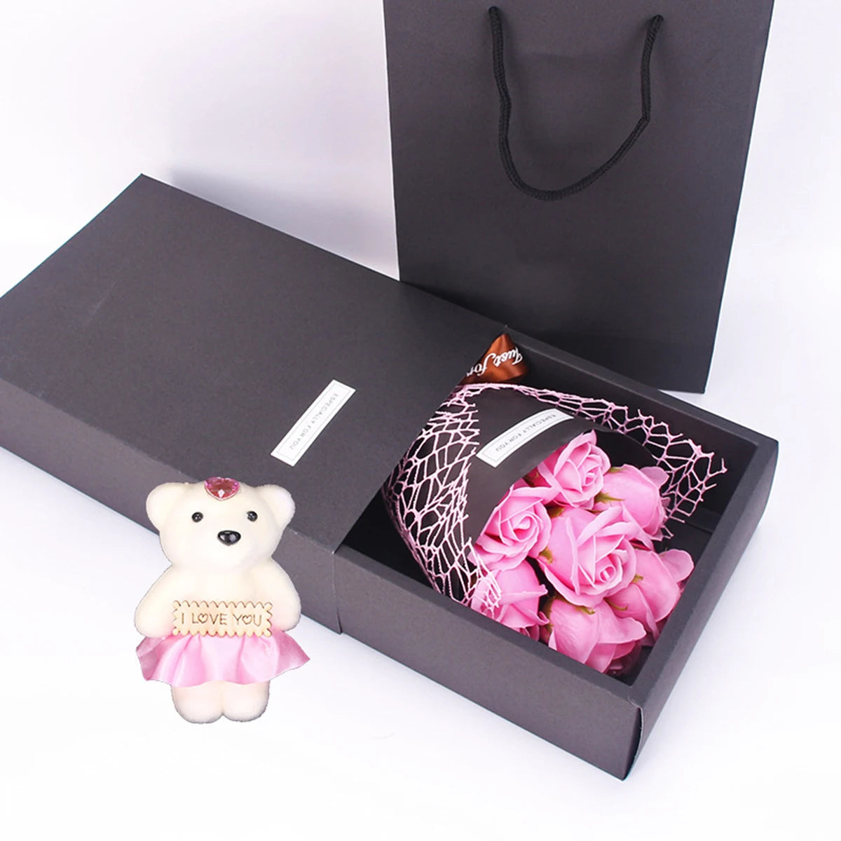 7 Rose Soap Bouquet Little Bear Gift Box